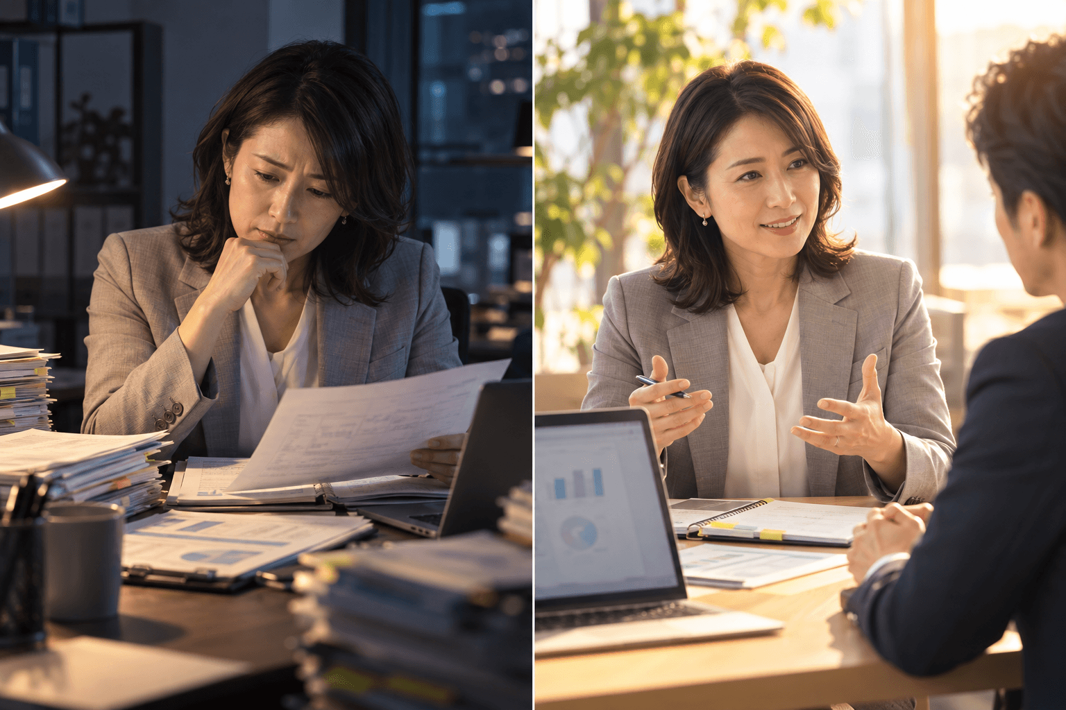 社労士が仕事の悩みに向き合う場面と、お客さんと相談を進める場面のイメージ