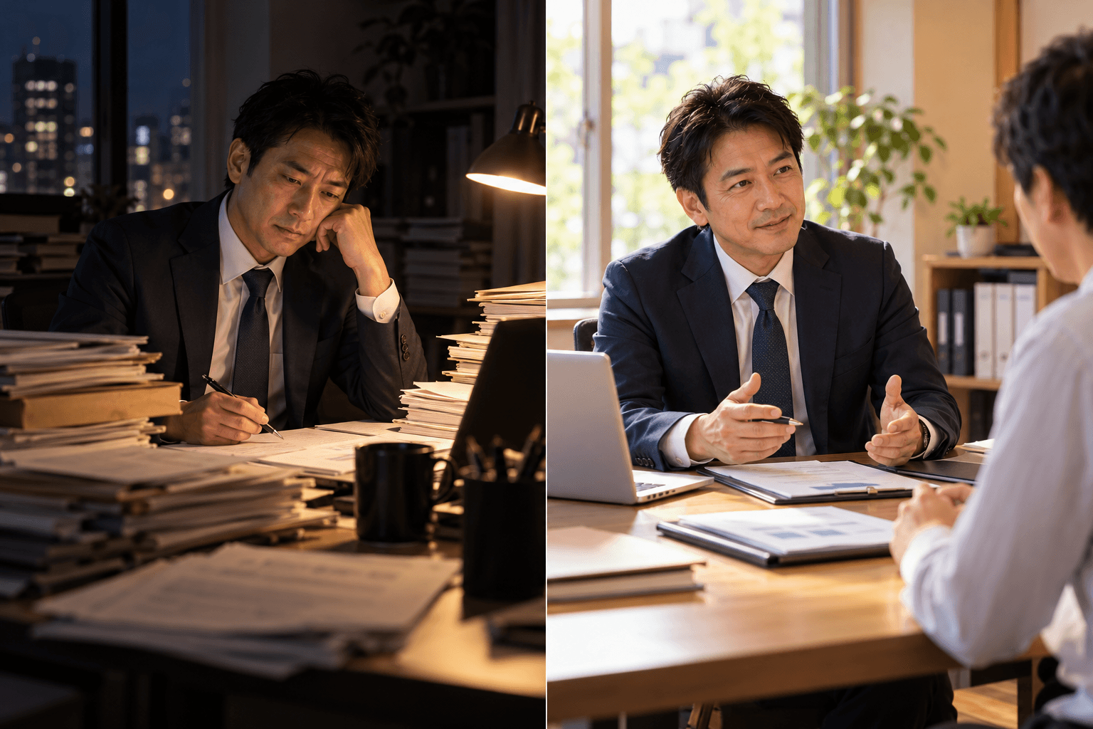 行政書士が仕事の悩みに向き合う場面と、お客さんと相談を進める場面のイメージ