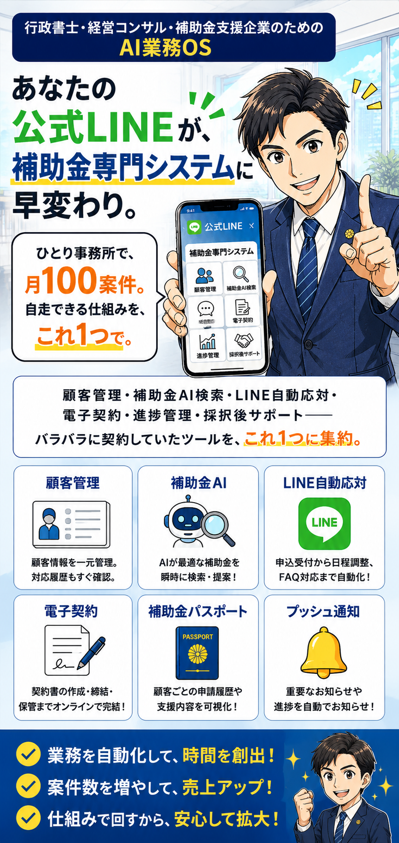 あなたの公式LINEが、補助金専門システムに早変わり。行政書士・経営コンサル・補助金支援企業のためのAI業務OS